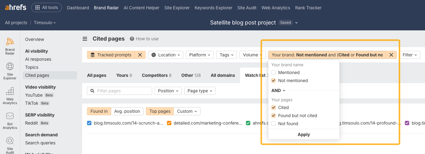 Cómo rastrear citas sin menciones en Brand Radar de Ahrefs
