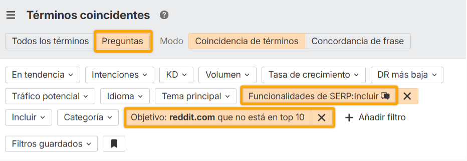 Configuración de filtros en Keywords Explorer de Ahrefs para encontrar preguntas donde Reddit no posiciona en el top 10