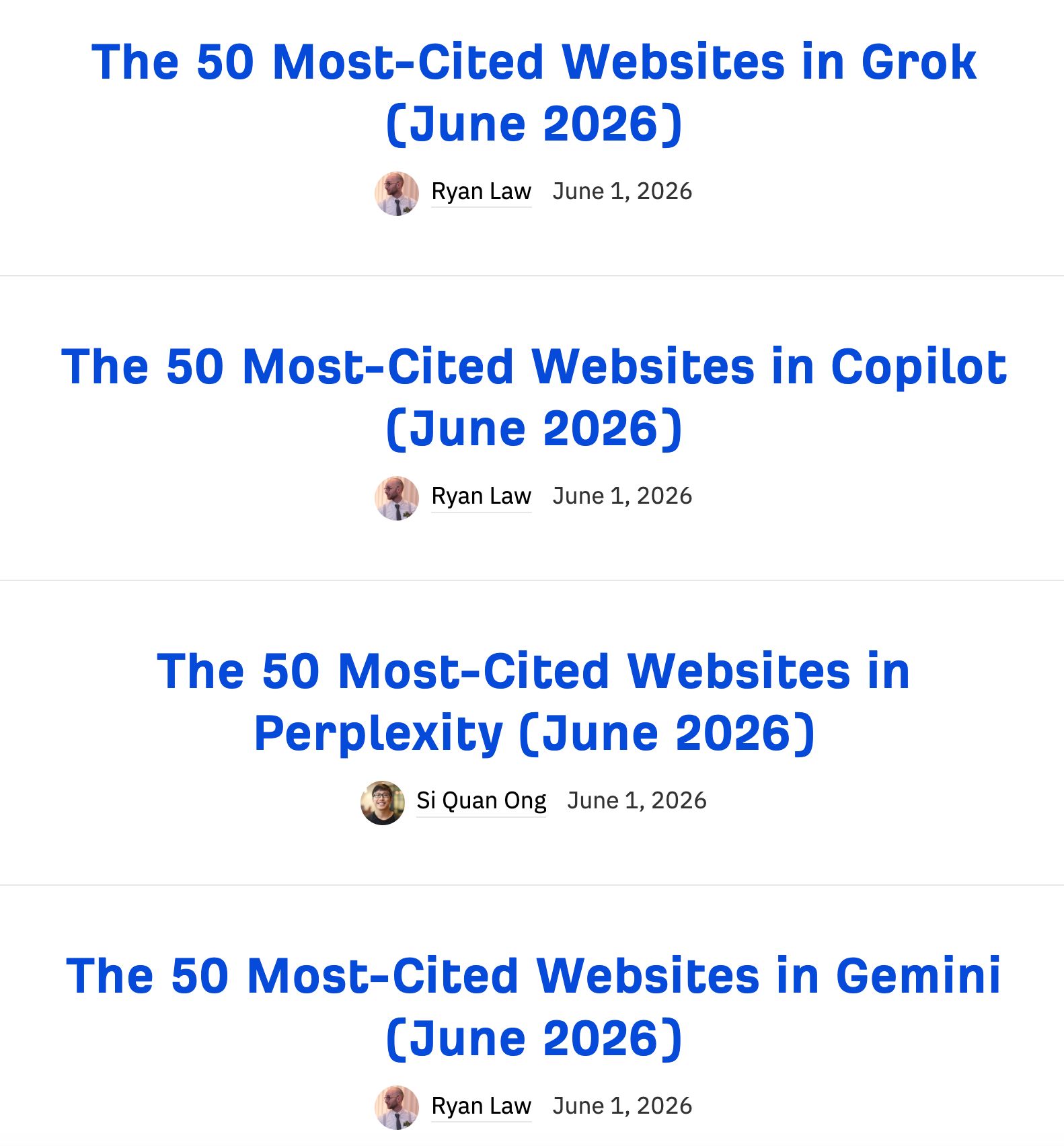 Cuatro vistas previas de artículos del blog de Ahrefs titulados "Los 50 sitios web más citados en Grok, Copilot, Perplexity y Gemini (junio de 2026)", cada uno con la firma del autor y la fecha.