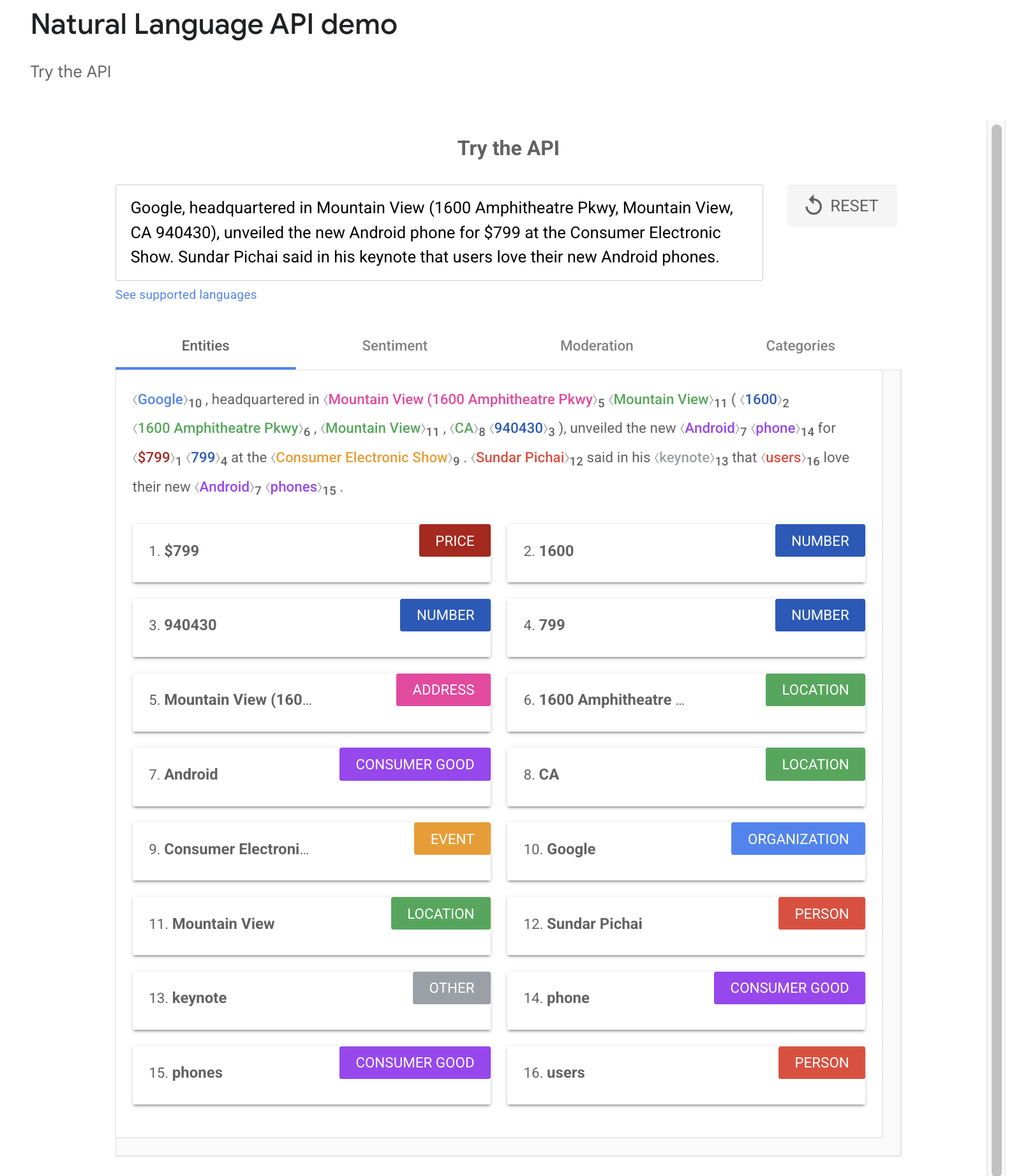 Demostración de la API de lenguaje natural de Google detectando entidades
