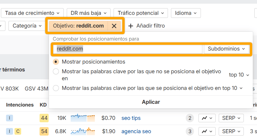 Filtro Target en Keywords Explorer de Ahrefs configurado para mostrar palabras clave en las que posiciona reddit.com