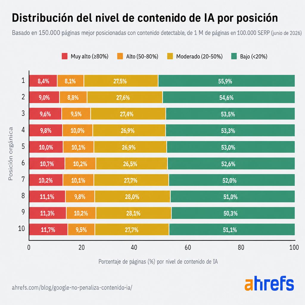 Gráfico de barras apiladas que muestra la distribución del porcentaje de contenido de IA por posición en el top 10.