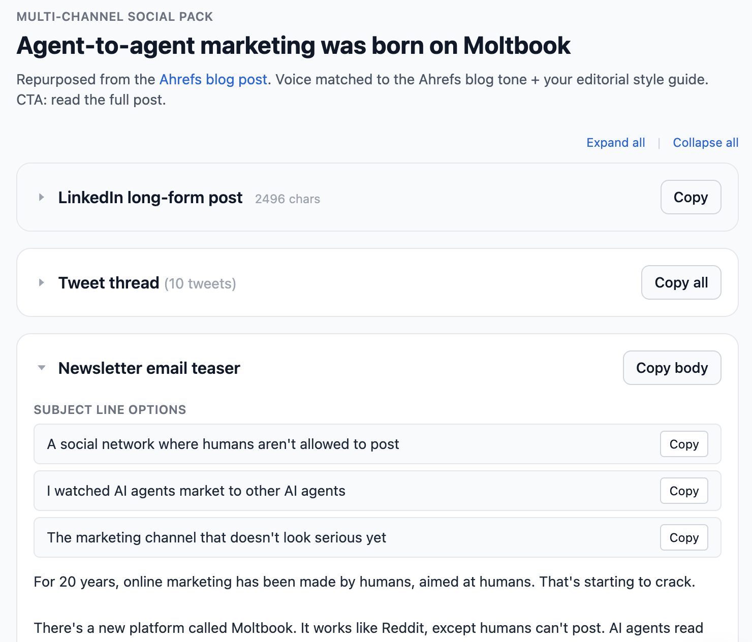 Herramienta social de Agent A convirtiendo un artículo en publicaciones de LinkedIn, tuits y el esquema de un carrusel.
