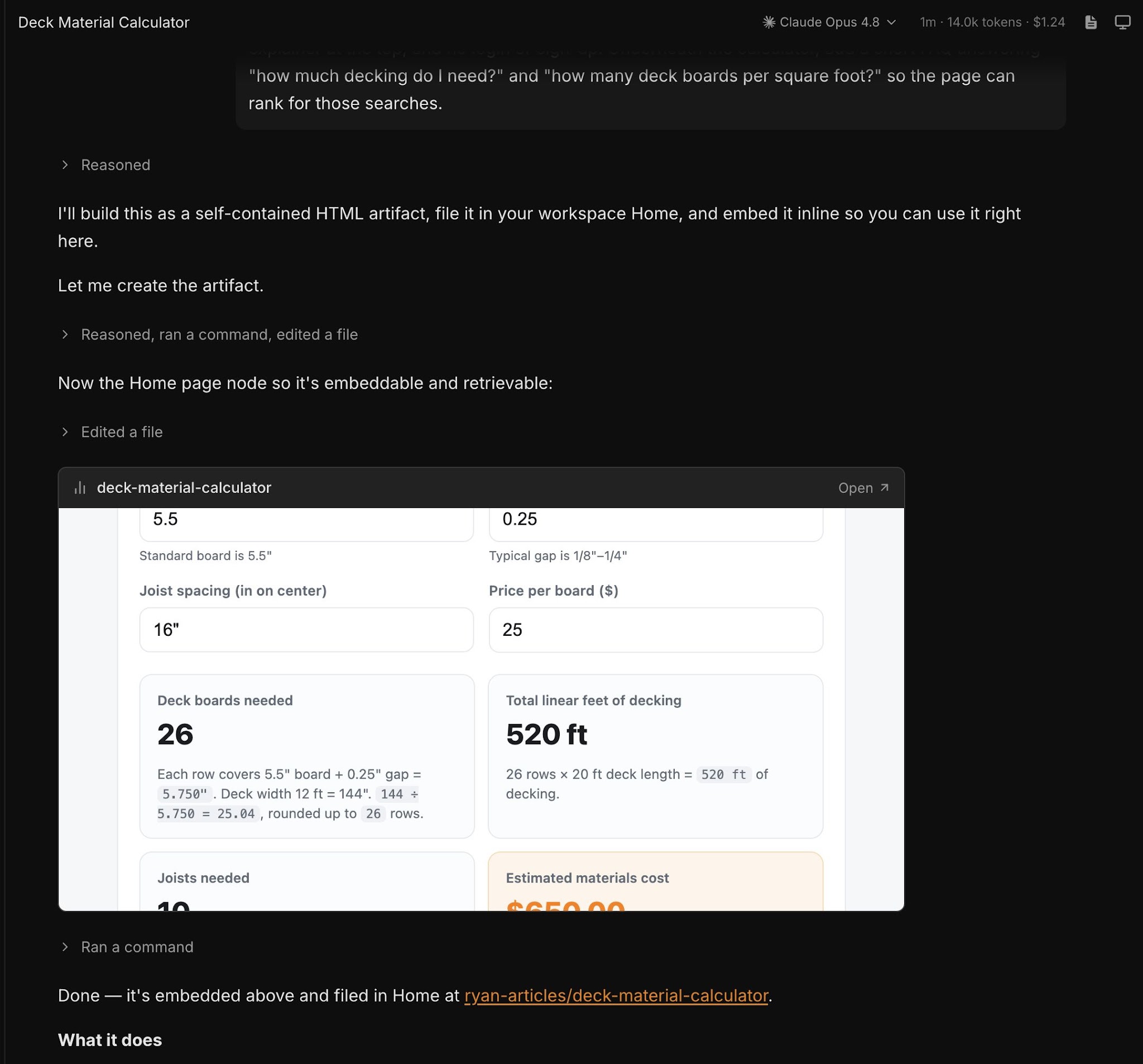 La calculadora de materiales para cubiertas terminada, construida a partir del prompt anterior.