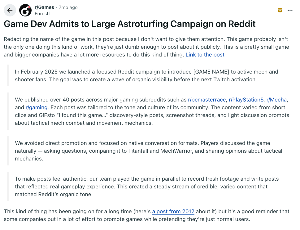 Noticia destacando el caso de la agencia Trap Plan y el uso de cuentas falsas (astroturfing) en Reddit