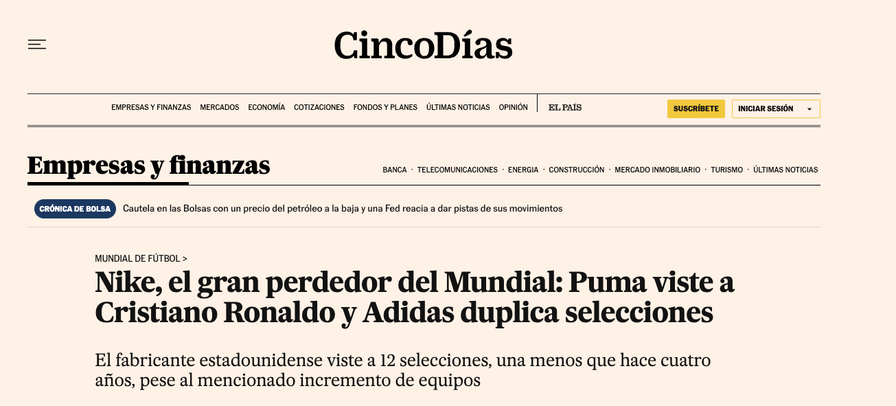 Noticia en la que se nombra a Nike como gran perdedor del mundial