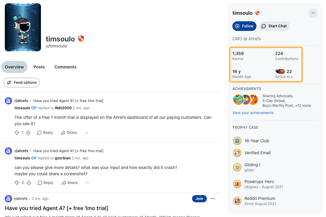 Perfil de usuario de Tim Soulo en Reddit mostrando sus años de actividad, su historial y su karma acumulado