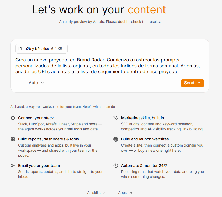 Pidiendo a Letaido que cree un proyecto en Brand Radar, rastree prompts personalizados y añada URLs a una lista de seguimiento