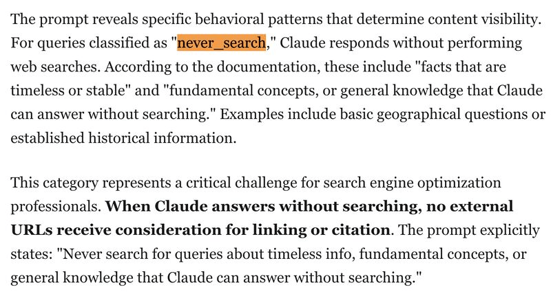 Prompt del sistema de Claude revelando el comando never_search