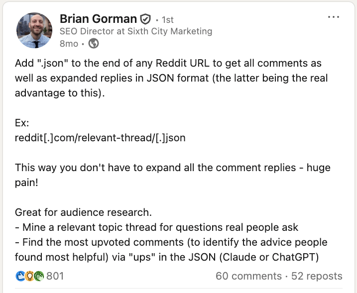 Publicación de Brian Gorman en LinkedIn explicando el truco de añadir .json al final de cualquier URL de Reddit