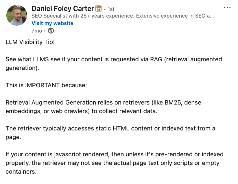 Publicación de LinkedIn de Daniel Foley Carter sobre contenido JavaScript y rastreadores de IA