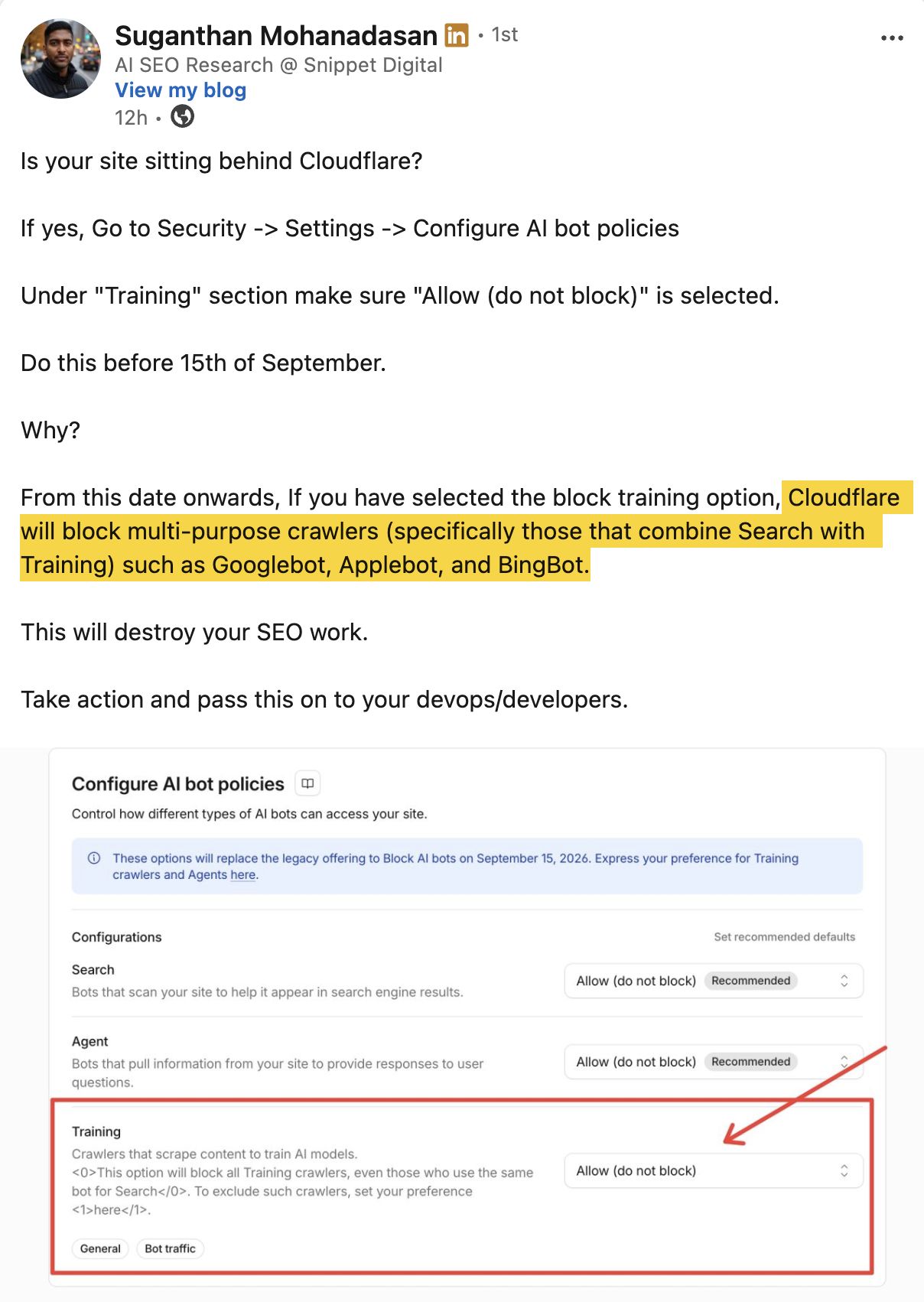 Publicación de LinkedIn sobre el bloqueo de rastreadores multipropósito por CDNs