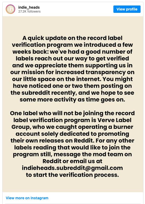 Publicación de los moderadores de un subreddit exponiendo a Verve Label Group por utilizar cuentas encubiertas