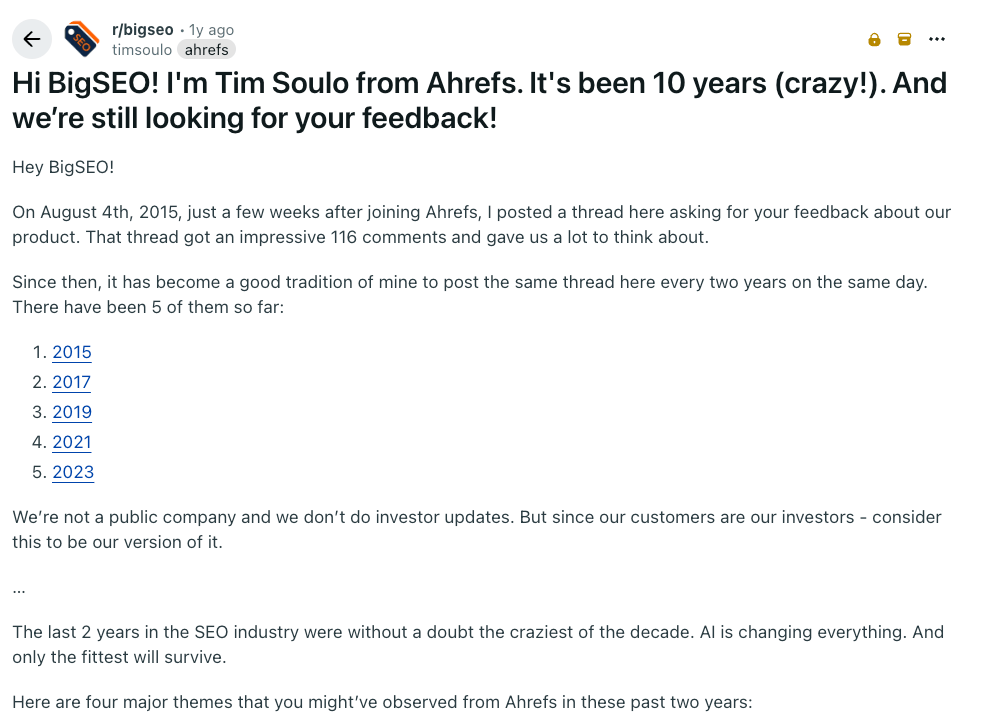 Publicación de Tim Soulo en Reddit pidiendo feedback genuino a la comunidad sobre Ahrefs