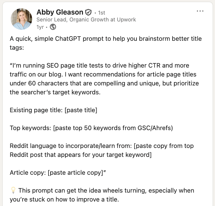 Publicación en LinkedIn de Abby Gleason sobre cómo presionar y mejorar las etiquetas de título usando el lenguaje de Reddit