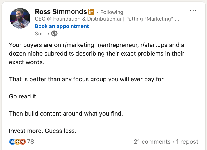 Publicación en redes sociales de Ross Simmonds destacando el valor de un buen hilo de Reddit para las marcas