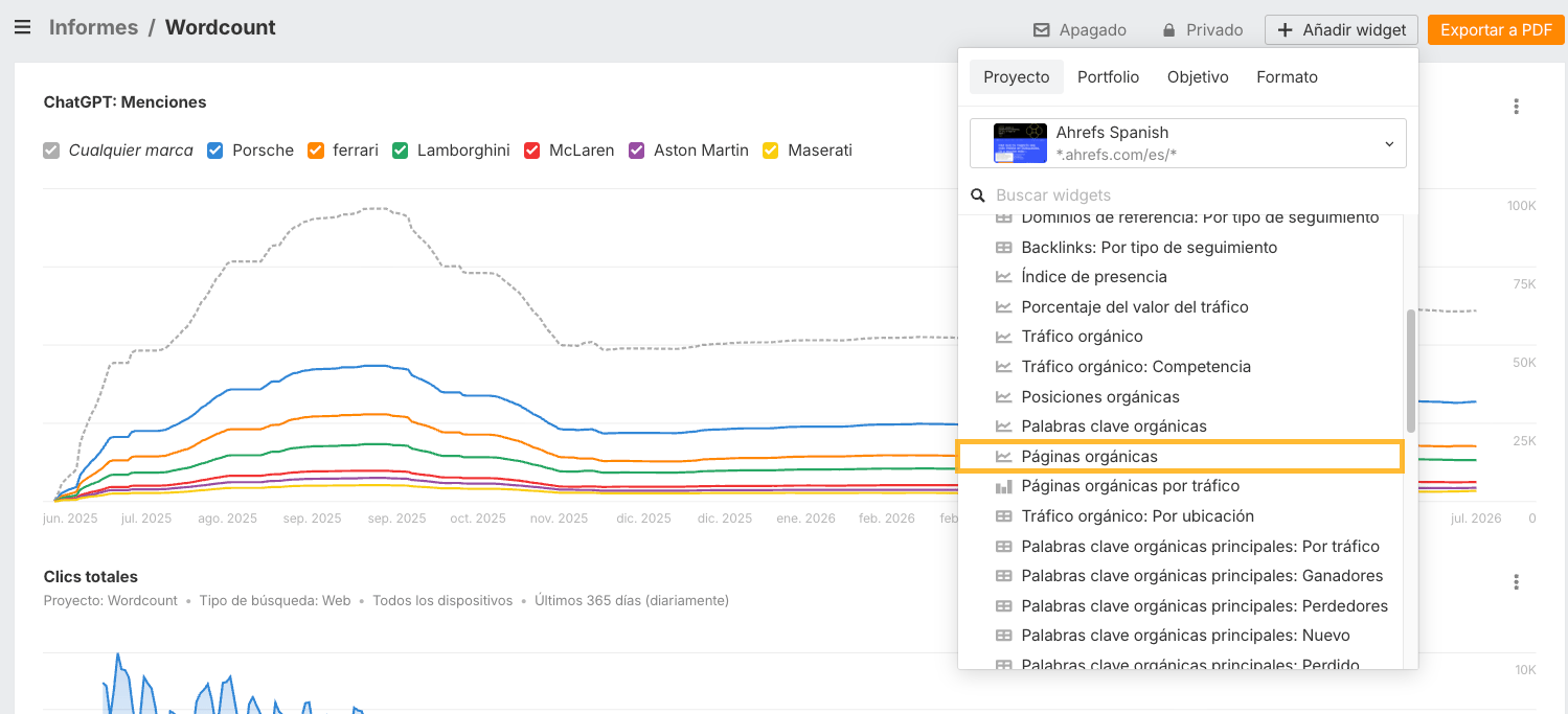 Nuevos widgets en el generador de informes de Ahrefs