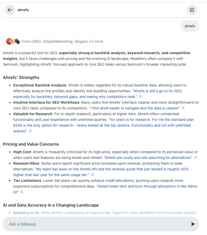 Resumen generado por Reddit Answers mostrando cómo la IA de Reddit consolida las opiniones de los usuarios sobre una marca