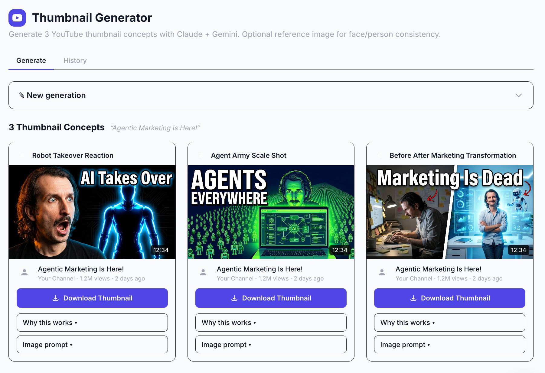 Thumbnail Generator de Agent A que muestra tres conceptos de miniatura para un vídeo.