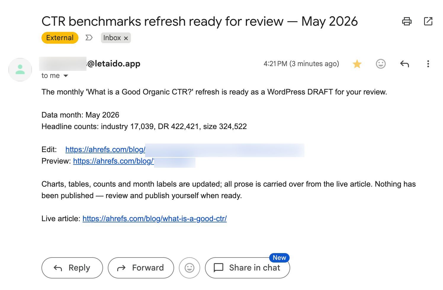 Un correo electrónico titulado "Actualización de puntos de referencia de CTR lista para revisión — mayo de 2026" que le dice a Ryan que la actualización mensual está lista como un borrador de WordPress, con enlaces de edición y vista previa y una nota de que no se ha publicado nada