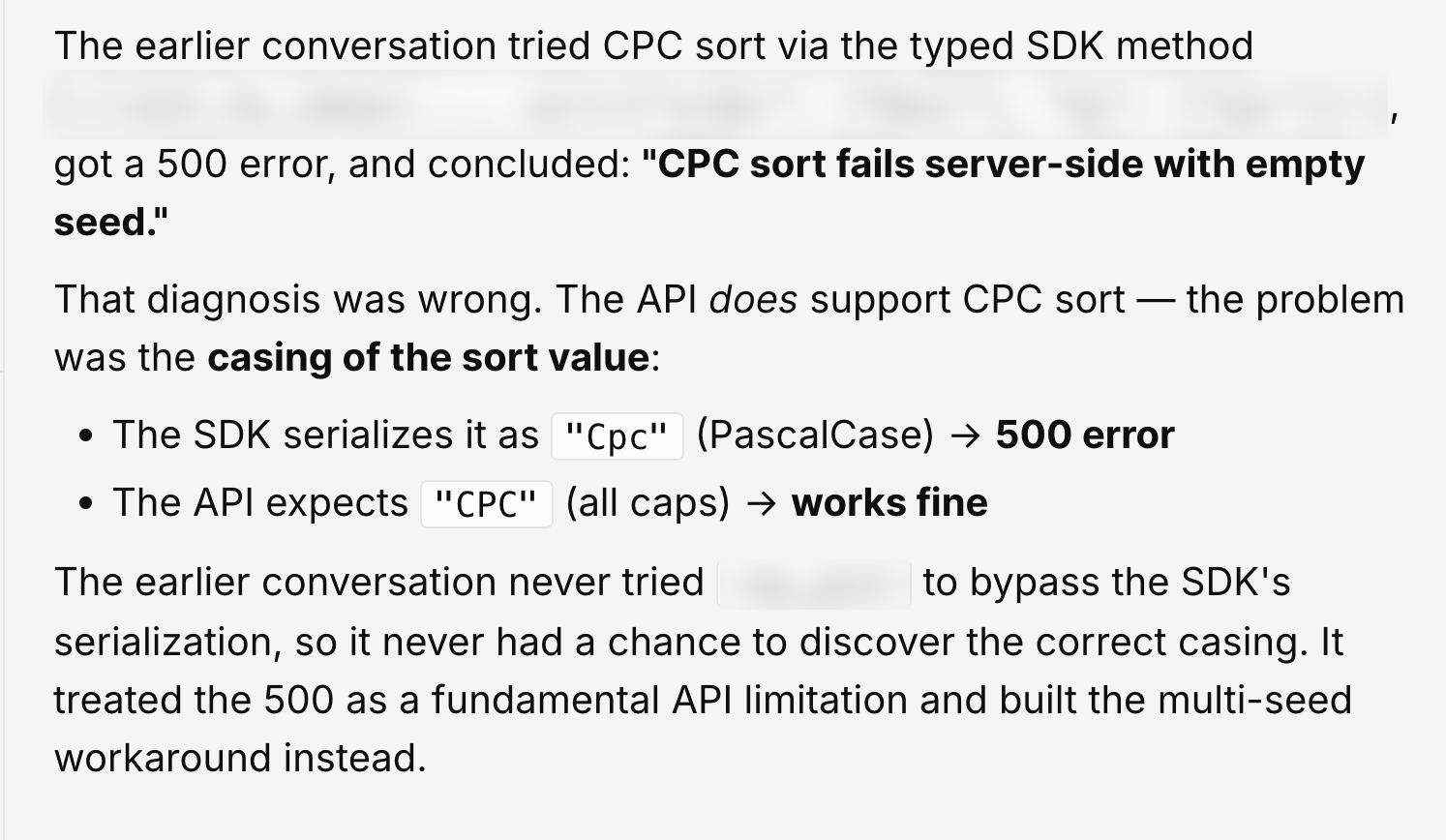 Una explicación de depuración que muestra que el SDK serializó el valor de clasificación como "Cpc" causando un error 500, mientras que la API esperaba "CPC" todo en mayúsculas