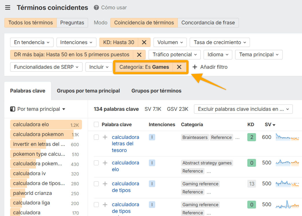 Uso del filtro de categoría en Keywords Explorer para afinar resultados por nicho.