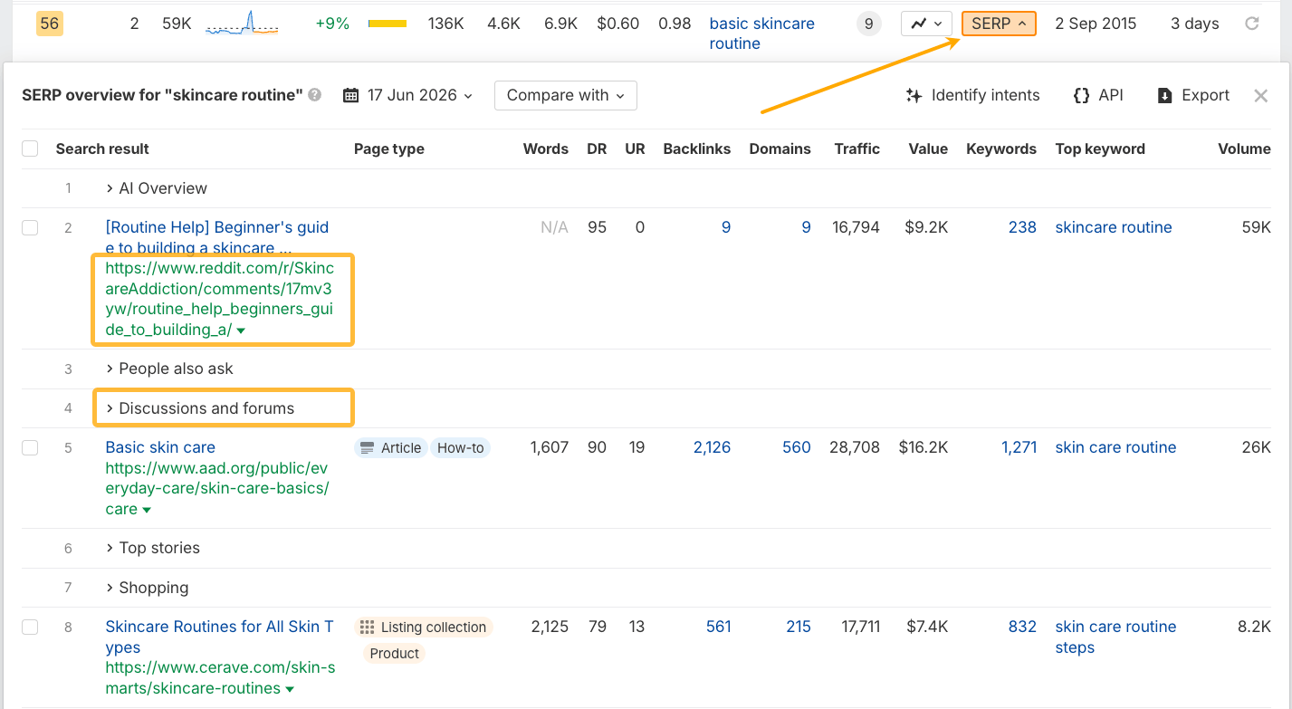 Vista desplegable de la SERP en Ahrefs mostrando el enlace exacto a una publicación de Reddit que está posicionando orgánicamente