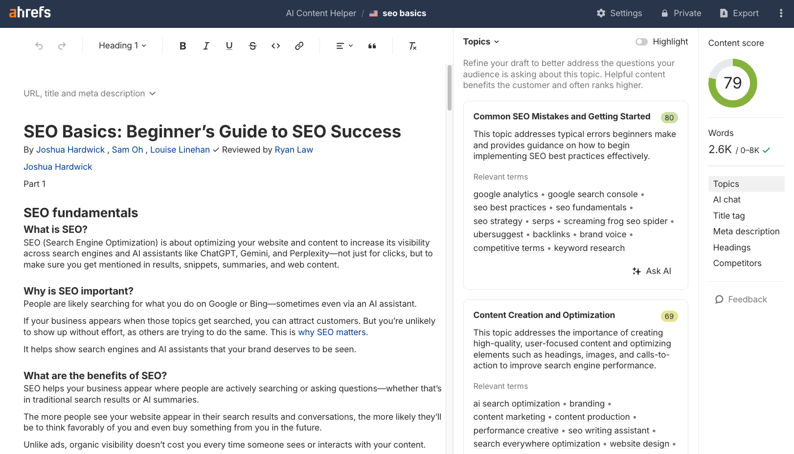 AI Content Helper de Ahrefs: borrador del artículo "Conceptos básicos de SEO" con una puntuación de contenido de 79, mostrando el recuento de palabras, los temas y los términos relevantes.
