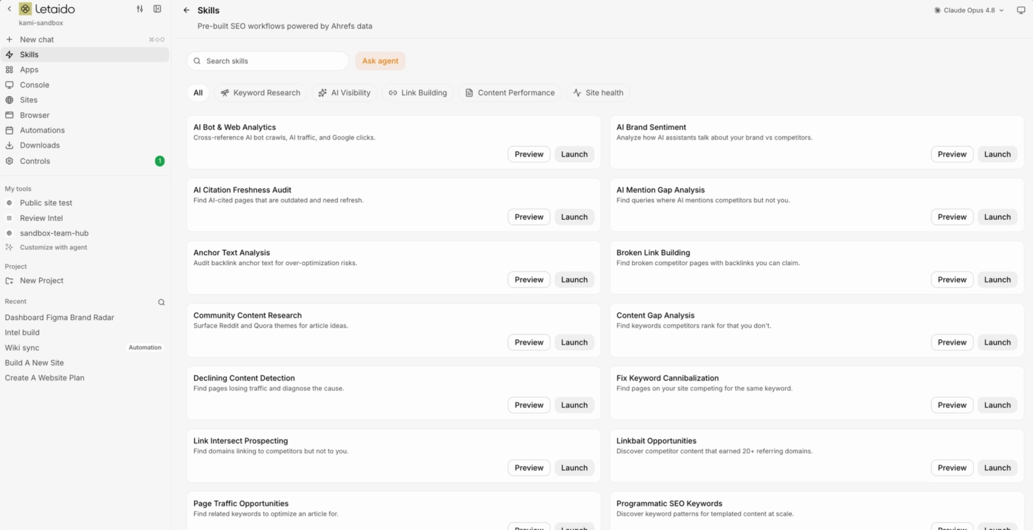 Biblioteca de habilidades de marketing preconfiguradas de Letaido