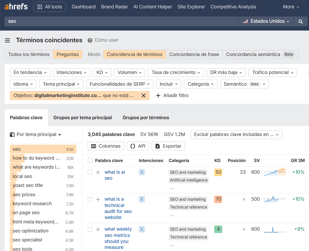 Captura de pantalla de Ahrefs: Términos coincidentes para "seo", mostrando agrupaciones de palabras clave (keyword clusters) con métricas como el volumen de búsqueda, el crecimiento y la dificultad de la palabra clave (keyword difficulty).