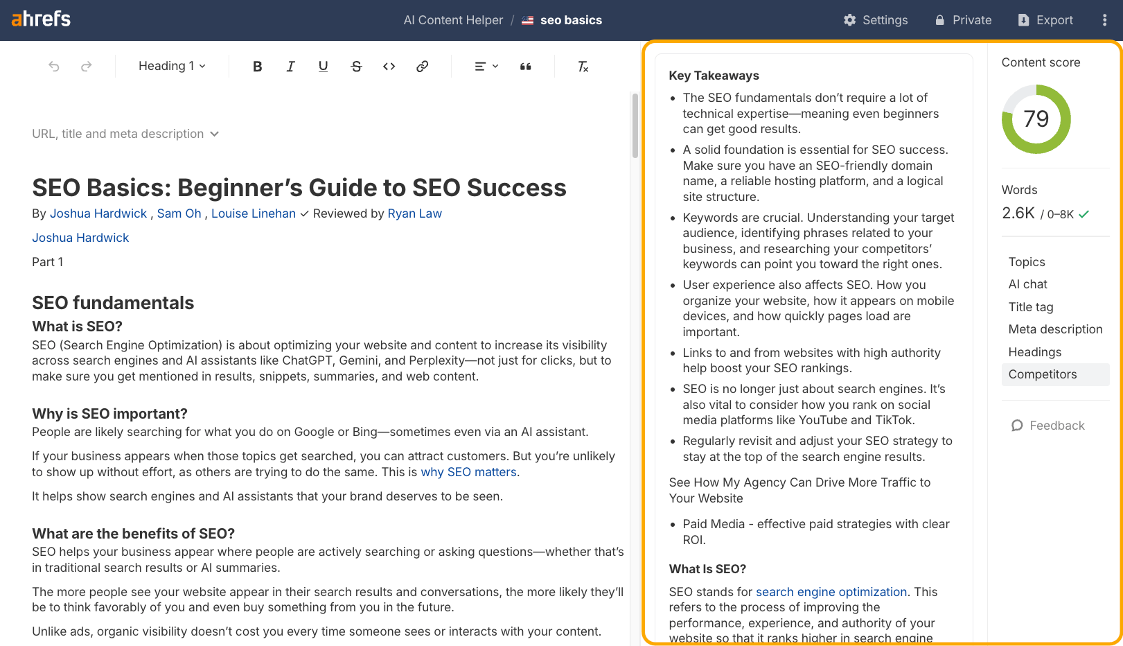Captura de pantalla de AI Content Helper de Ahrefs que muestra un artículo sobre "Conceptos básicos de SEO" con "Puntos clave" y una puntuación de contenido de 79.