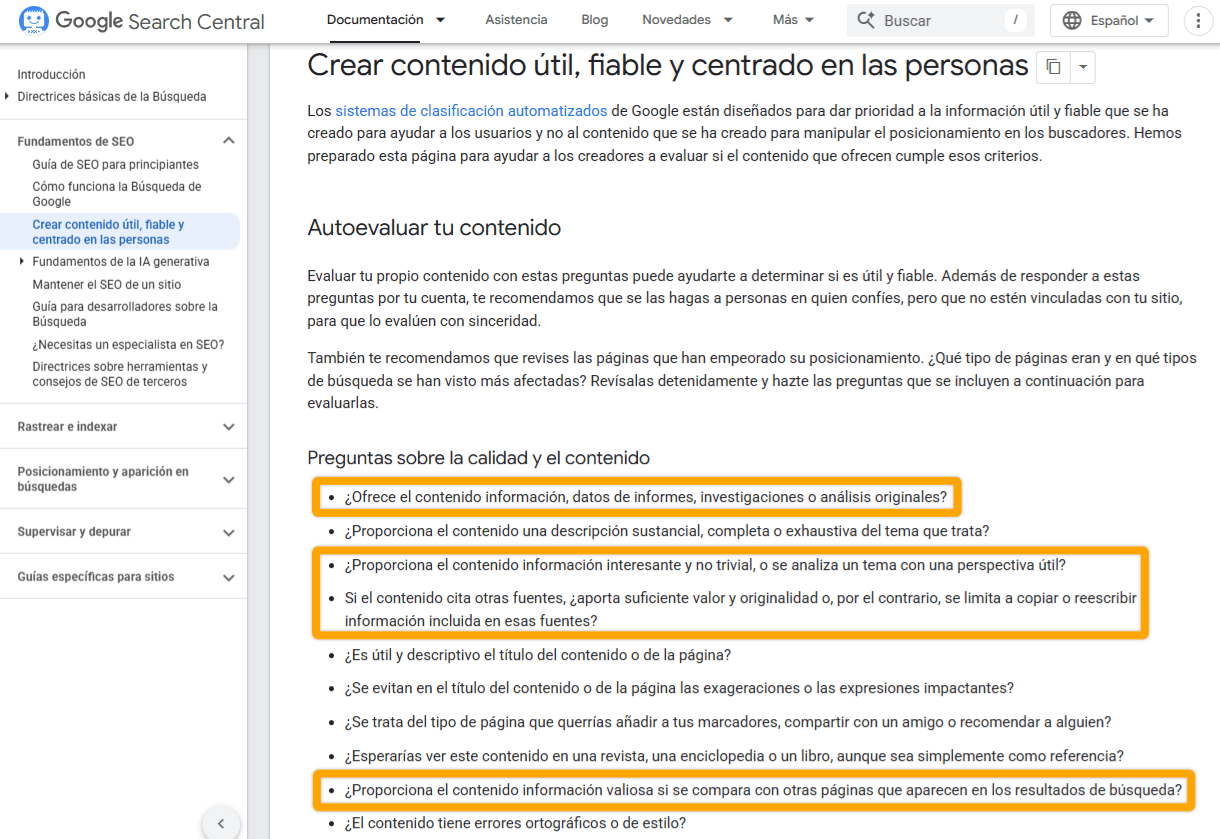 Captura de pantalla de una página de Google Search Central sobre "Creación de contenido útil, fiable y centrado en las personas" con preguntas sobre la calidad del contenido resaltadas.