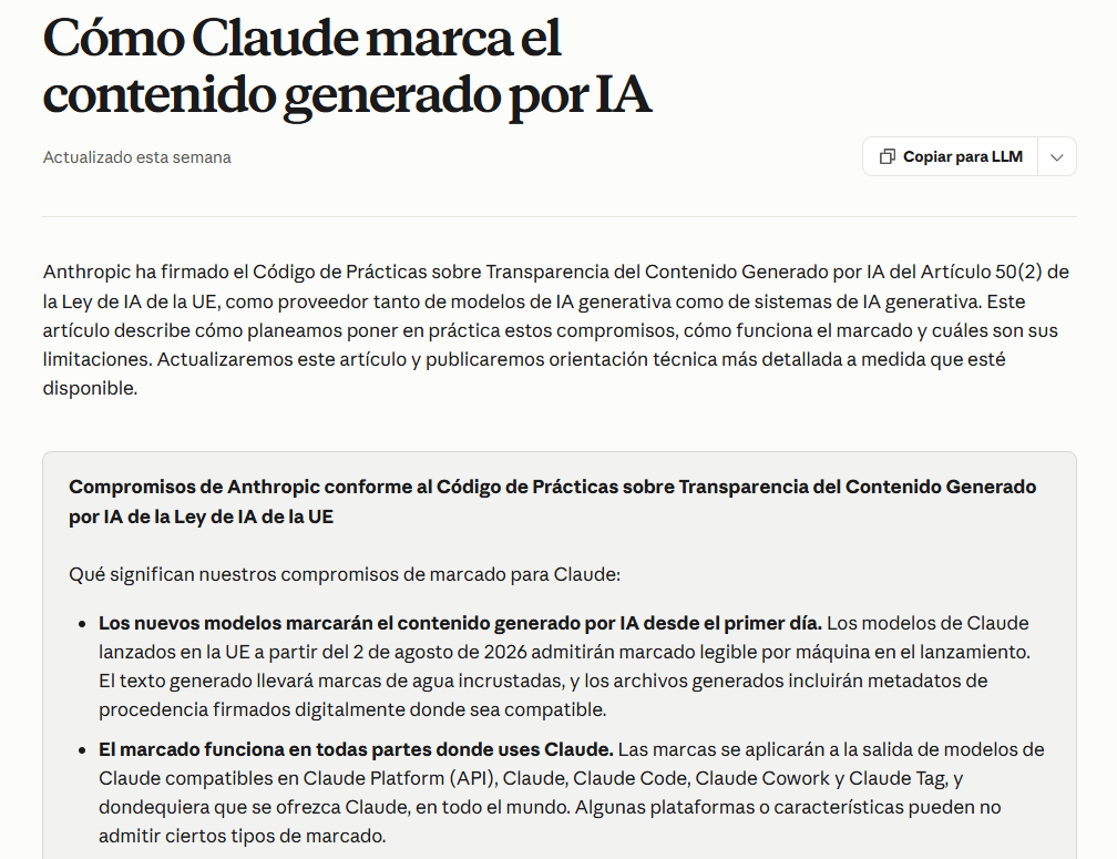 Captura de pantalla del artículo de soporte de Anthropic titulado "Cómo marca Claude el contenido generado por IA"