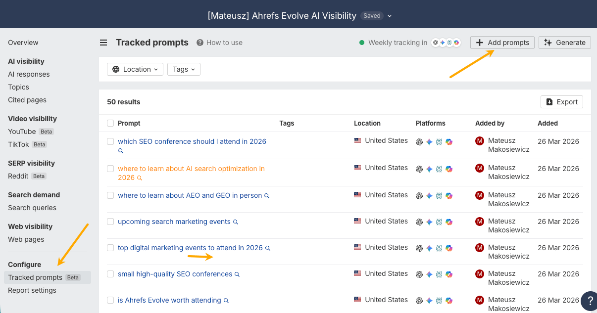 Configuración de seguimiento de prompts personalizados en Brand Radar de Ahrefs