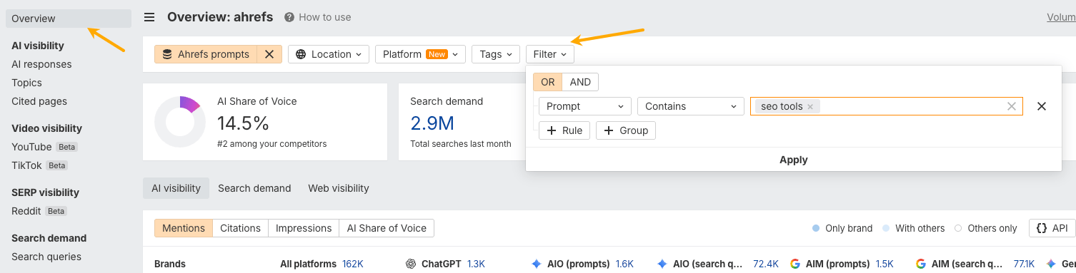 Creación de un informe en Brand Radar para la categoría de herramientas SEO