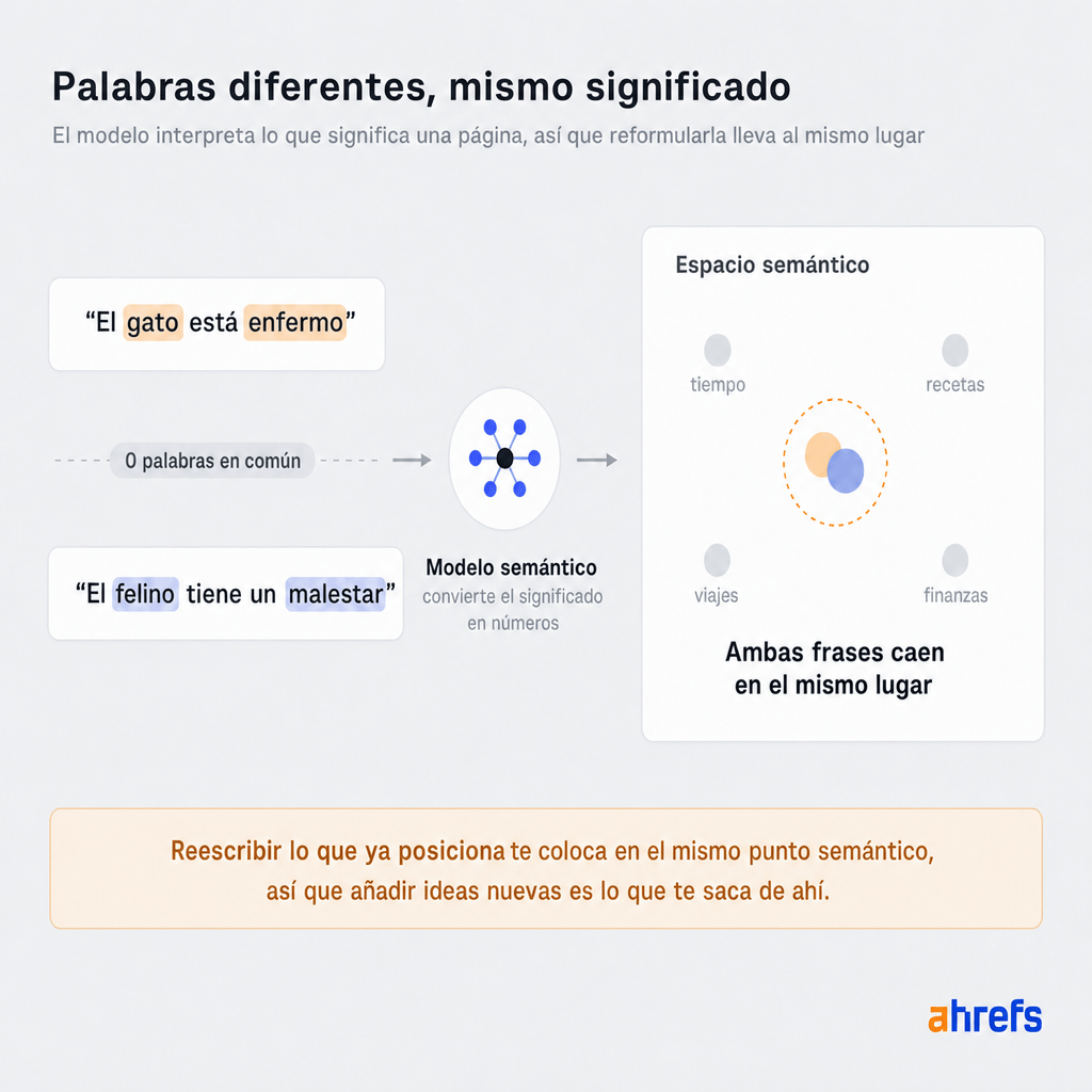 Diagrama que muestra dos frases diferentes ("El gato está enfermo", "El felino tiene un malestar") mapeadas en el mismo punto de un espacio semántico.