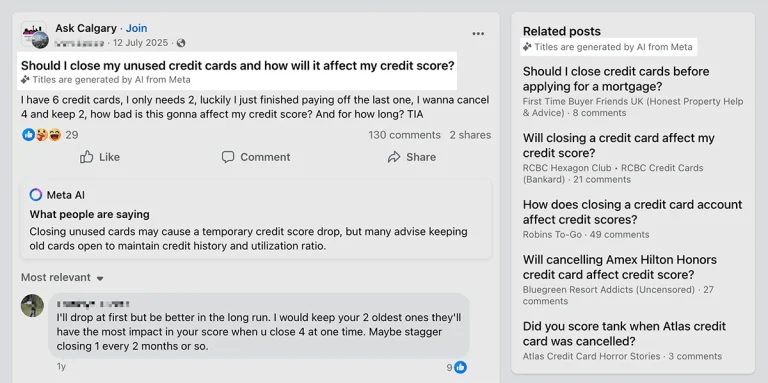 Ejemplo de titular de página de Facebook generado por IA en los resultados de Google.