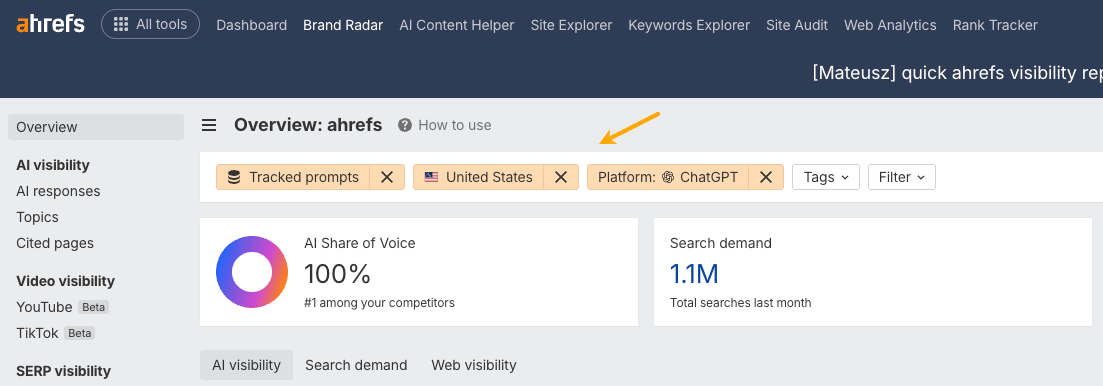 Filtros de Brand Radar por índice de prompts, plataforma de IA y ubicación