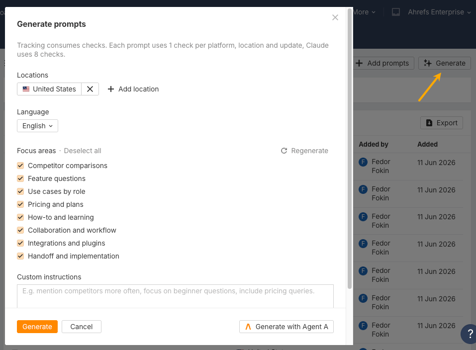 Funcionalidad de generar prompts en Brand Radar de Ahrefs
