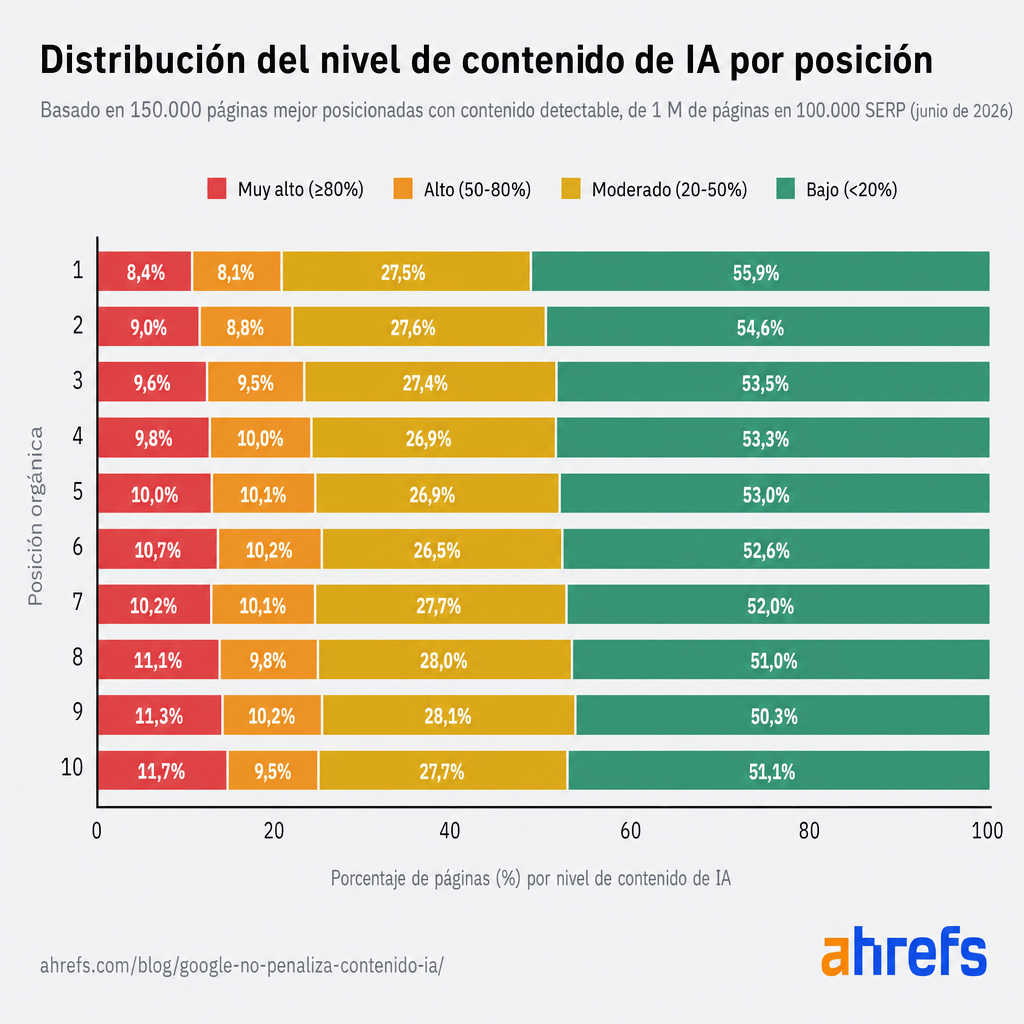 Gráfico de barras apiladas horizontales que muestra la distribución del nivel de contenido de IA en las posiciones orgánicas 1 a 10, basado en 150.000 páginas mejor posicionadas. Cada posición incluye una franja de contenido con IA muy alto del 80% o más, que aumenta gradualmente desde el 8,4% en la posición 1 al 11,7% en la posición 10, sin ninguna caída brusca en los datos.
