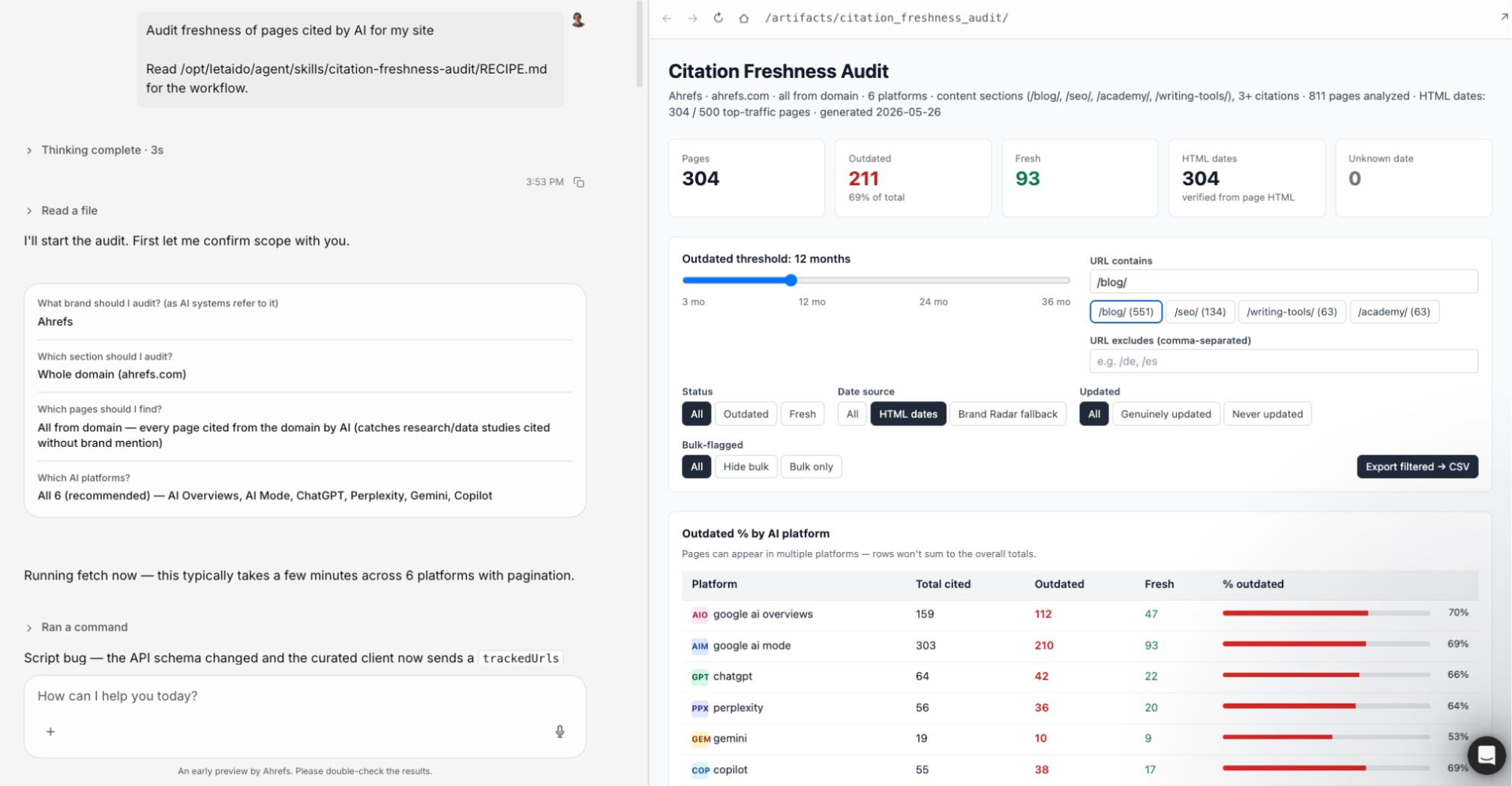 Interfaz de la skill de auditoría de frescura de citas de Letaido