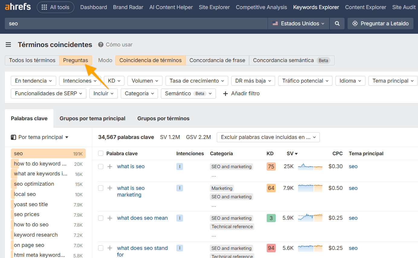 Keywords Explorer de Ahrefs mostrando "Términos coincidentes" (Matching terms) para "seo" con el filtro de "Preguntas" (Questions) activo, visualizando los datos de las palabras clave.