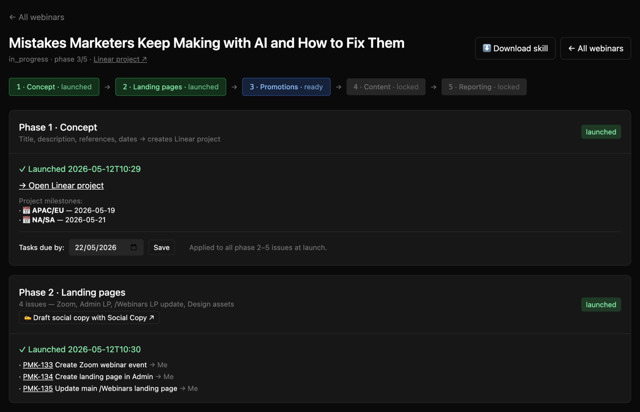 La aplicación de automatización de webinars mostrando cinco fases secuenciales y los tickets de Linear creados para cada una