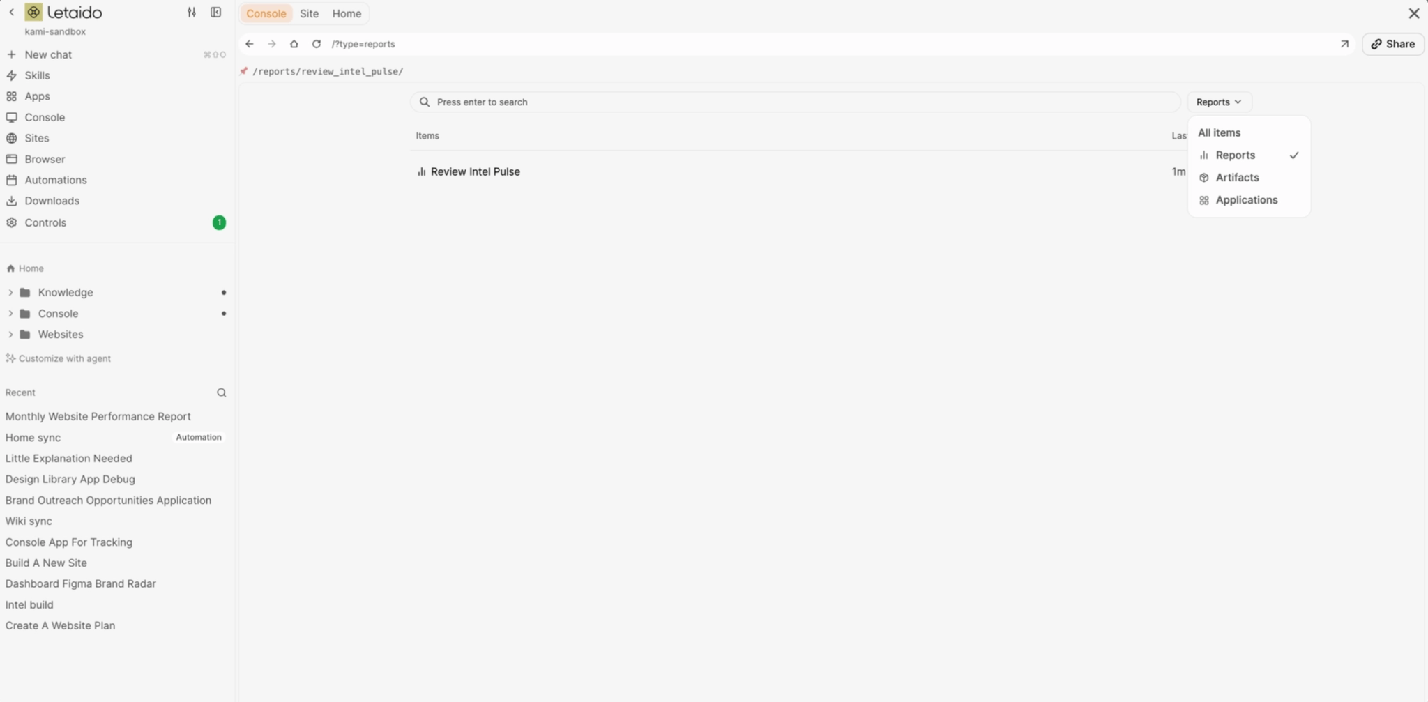 Lista de informes de la aplicación de consola de Letaido