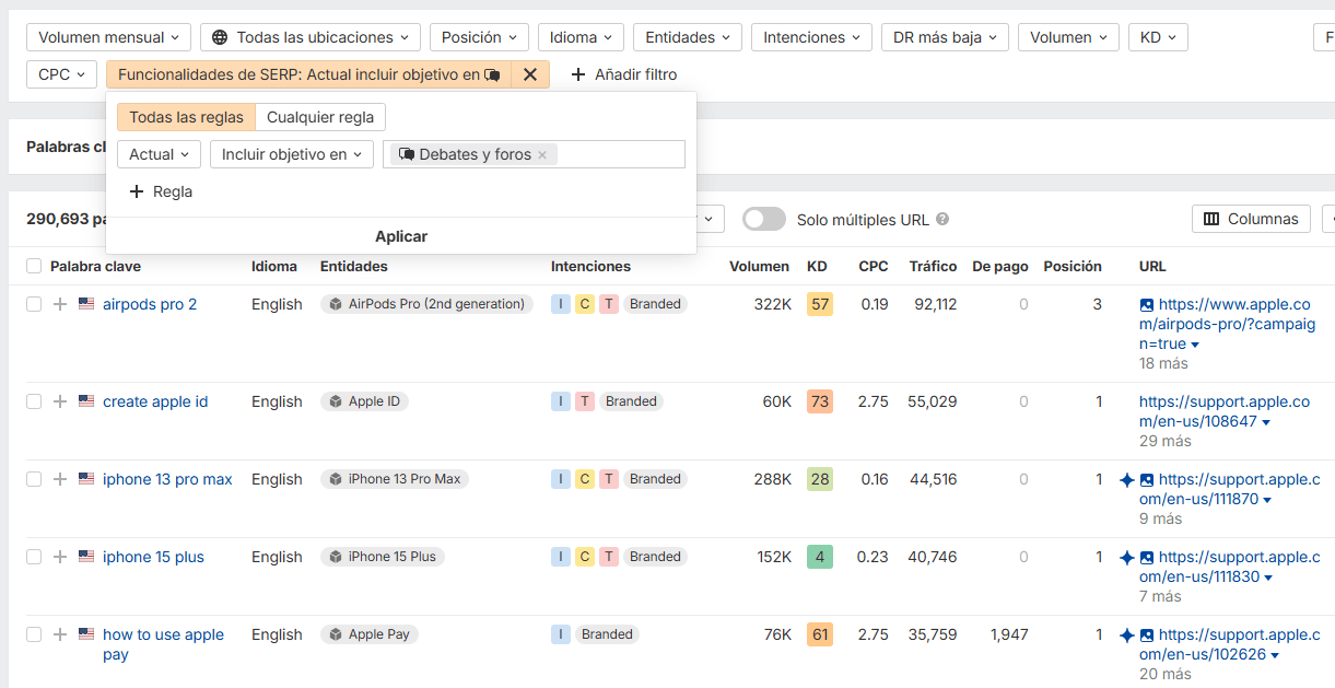 Opciones de filtrado en Site Explorer de Ahrefs para encontrar la funcionalidad de Debates y foros.