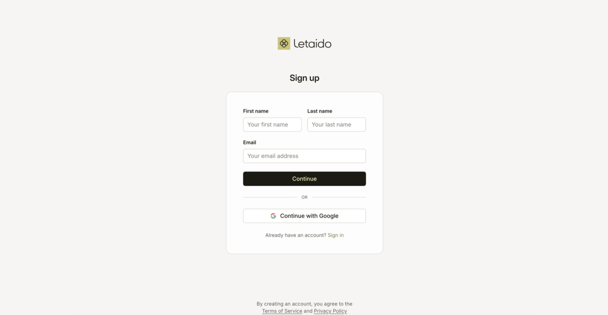 Página de registro de Letaido