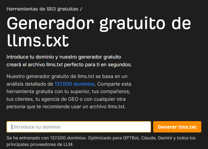 Página del "Generador gratuito de LLMs.txt" de Ahrefs con un campo de entrada "Introduce tu dominio" y un botón "Generar llms.txt".