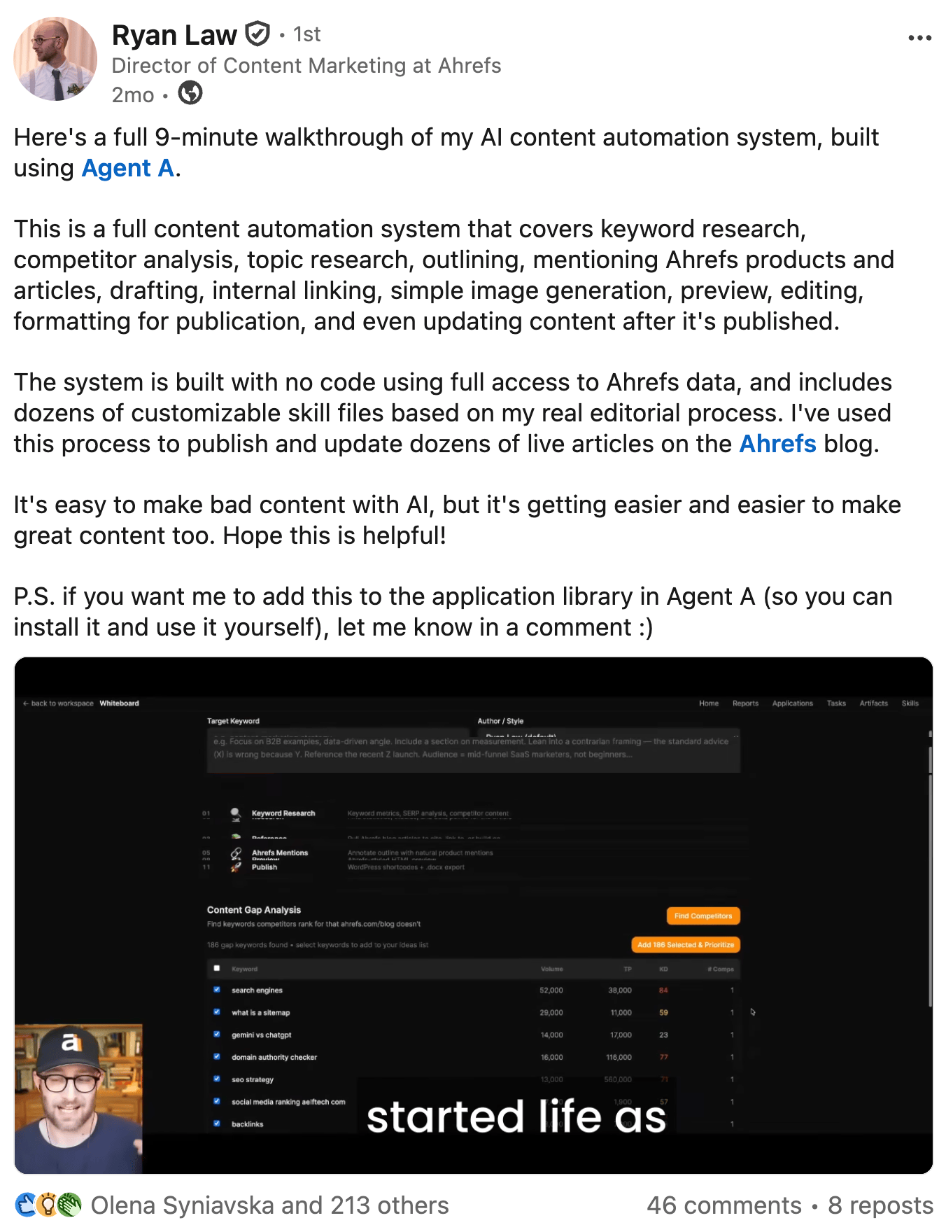 Publicación de LinkedIn de Ryan Law sobre un sistema de automatización de contenido con IA, con una captura de pantalla del sistema.