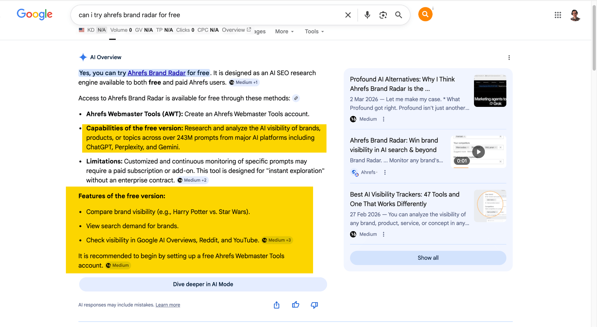 Respuesta de ChatGPT confundiendo las funcionalidades gratuitas y de pago de Brand Radar de Ahrefs