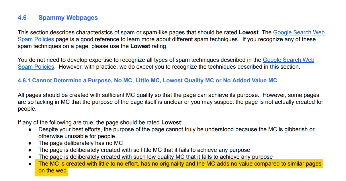 Sección del documento sobre "Páginas web con spam" con un punto resaltado: "El contenido principal (MC) se crea con poco o ningún esfuerzo..."